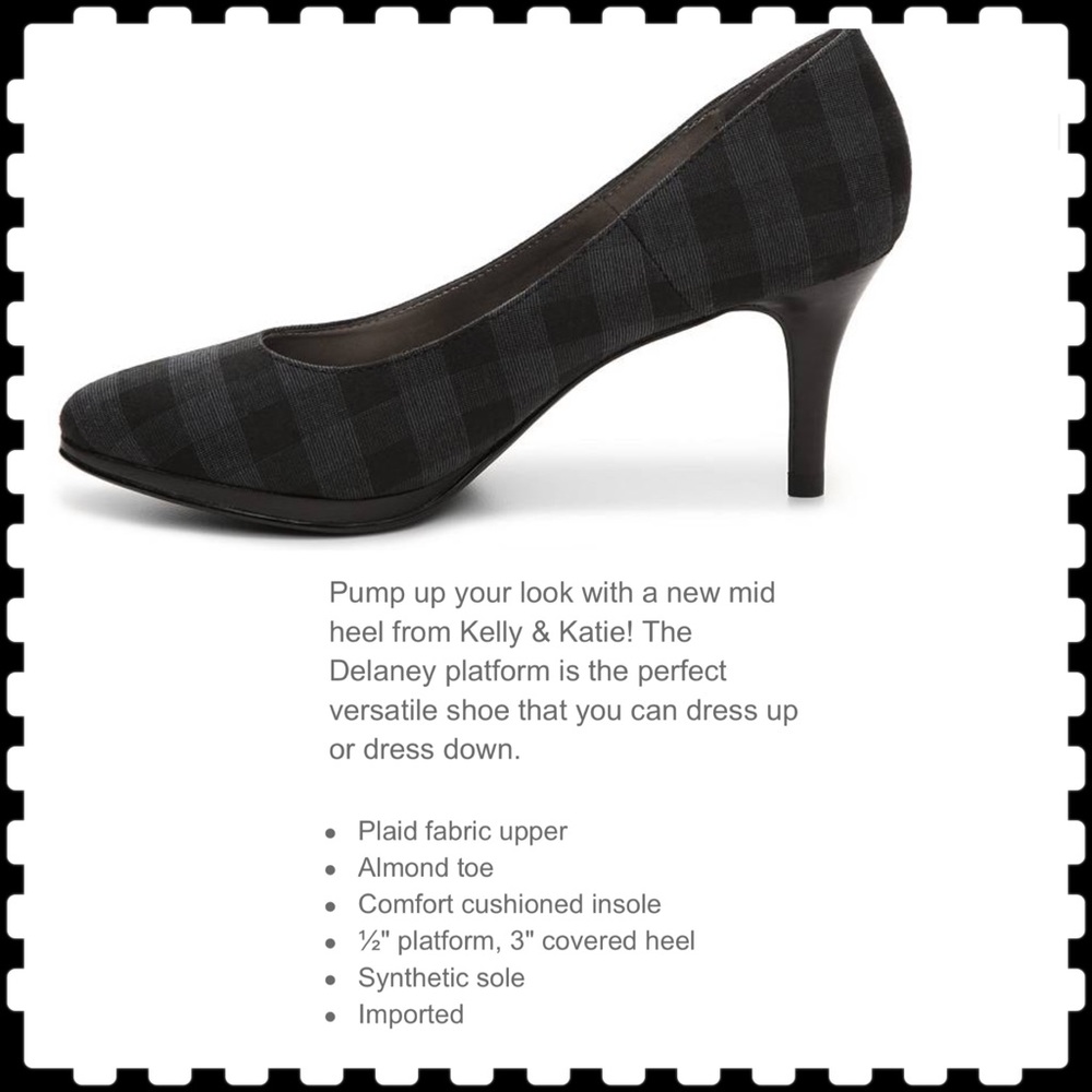 KELLY & KATIE ALMOND TOE GREY & BLACK PLAID PLATFORM HEELS - Picture 6 of 11